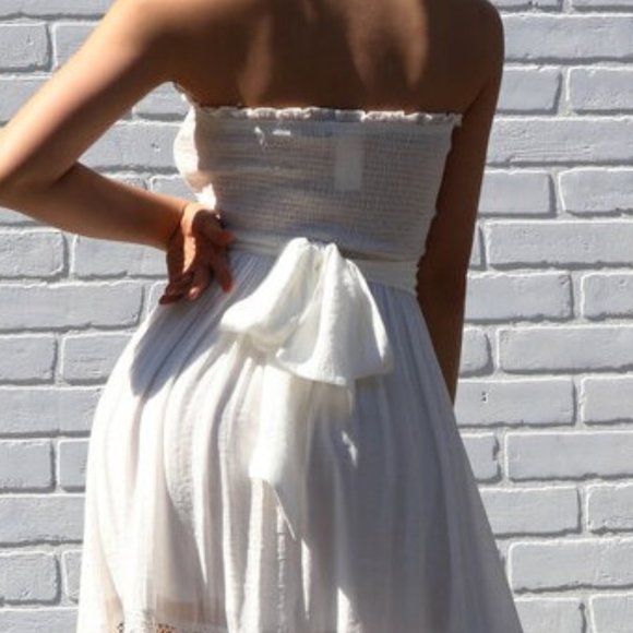 Boho Strapless Crochet Lace Trim Maxi Dress Bohemian White Long Dress - Picture 6 of 6